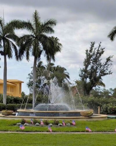 Fountain and palms at the entrance to Gulf Harbour