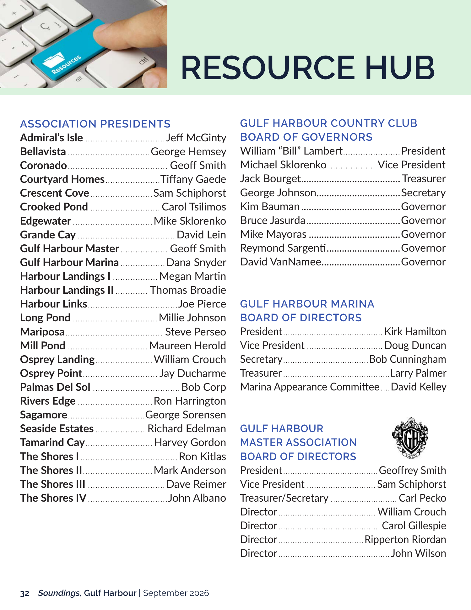 Resource Hub page: Association Presidents and Gulf Harbour board rosters