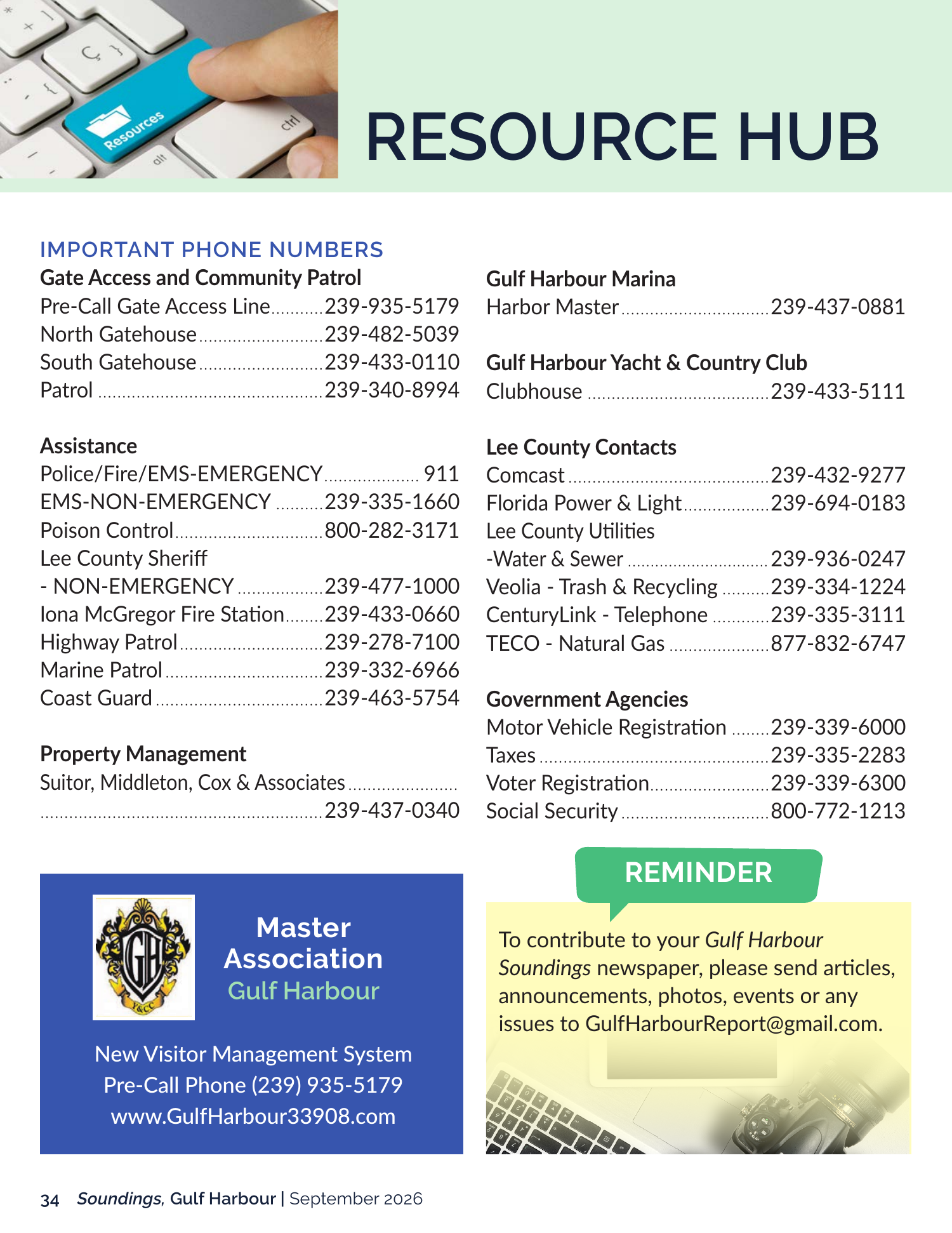 Resource Hub page: important phone numbers for Gulf Harbour residents