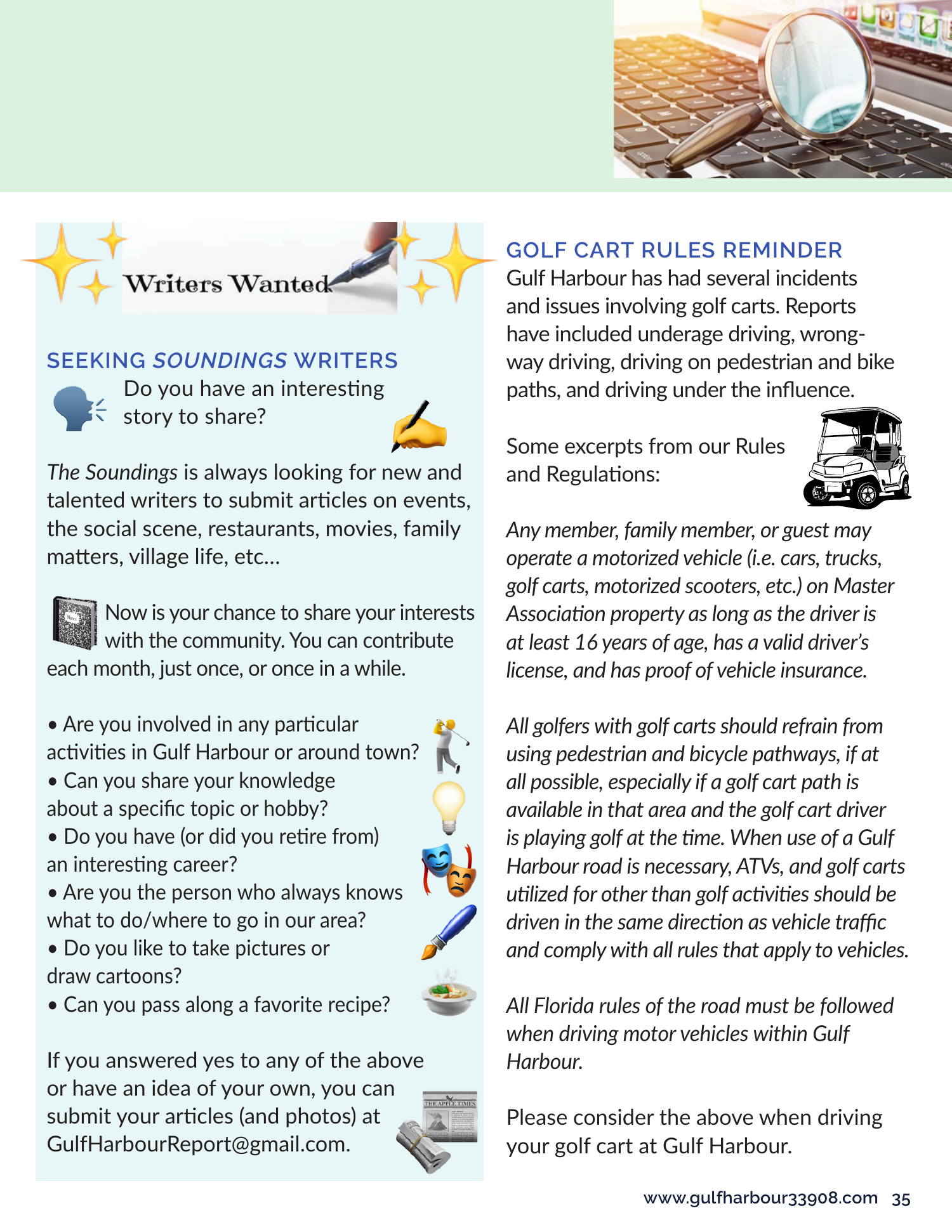 Resource Hub page: call for Soundings writers and golf cart rules