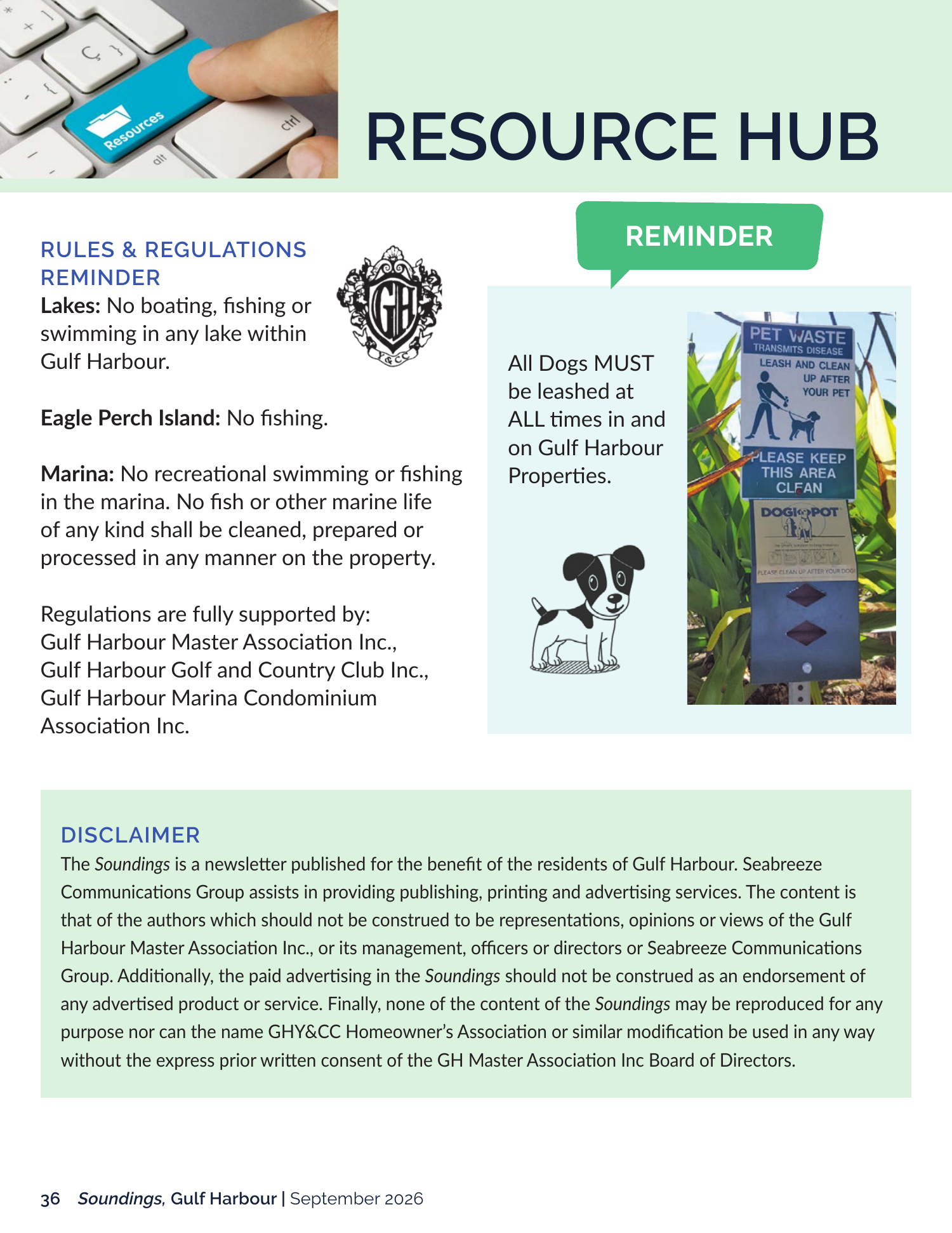 Resource Hub page: rules and regulations reminder and disclaimer