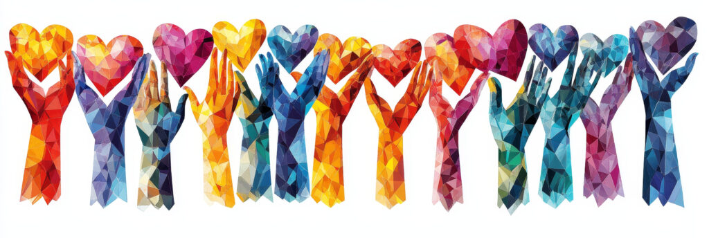 Illustration of many hands raised holding colorful hearts
