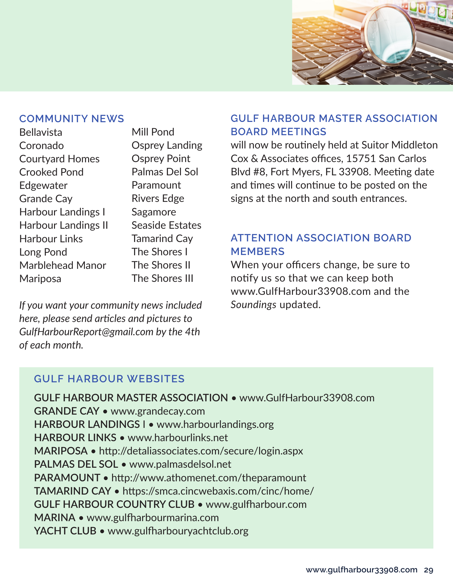 Resource Hub page: Community News list and Gulf Harbour websites