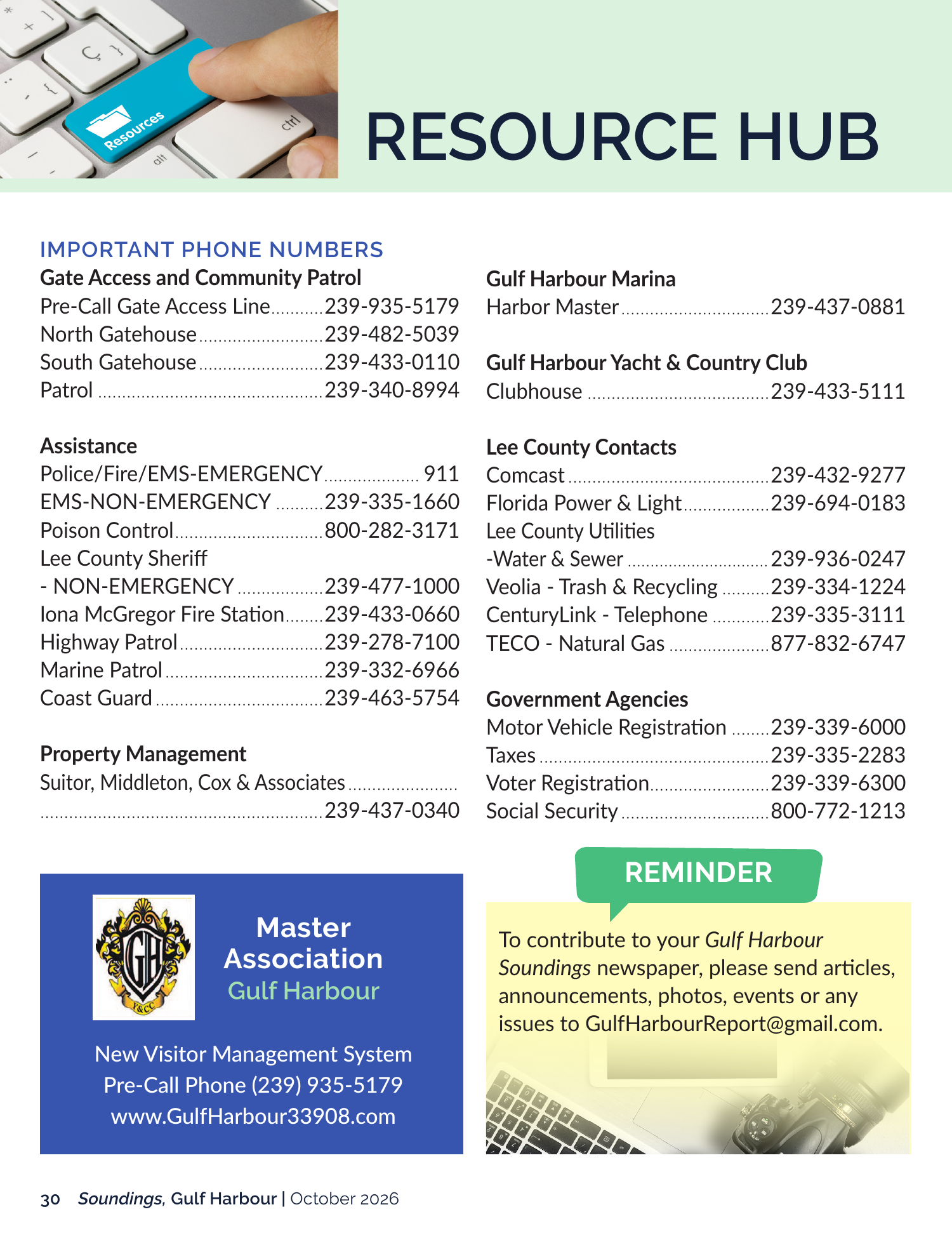 Resource Hub page: important phone numbers for Gulf Harbour residents