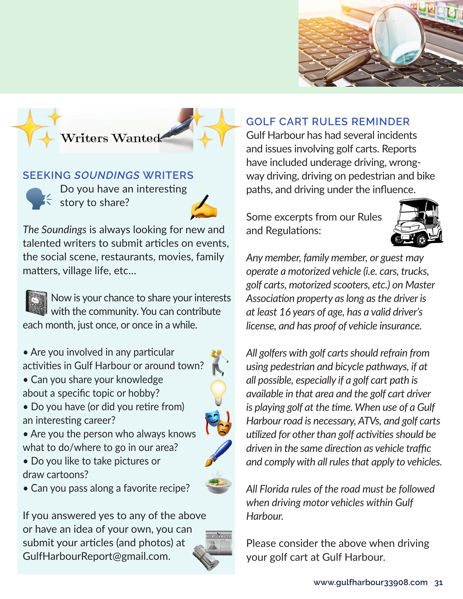 Resource Hub page: call for Soundings writers and golf cart rules