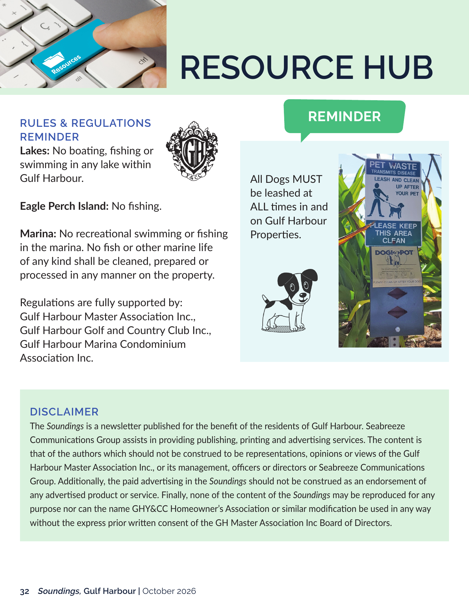 Resource Hub page: rules and regulations reminder and disclaimer