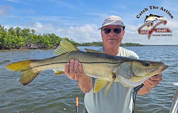 Angler holding a large snook aboard a Gulf Coast Guide Service charter boat