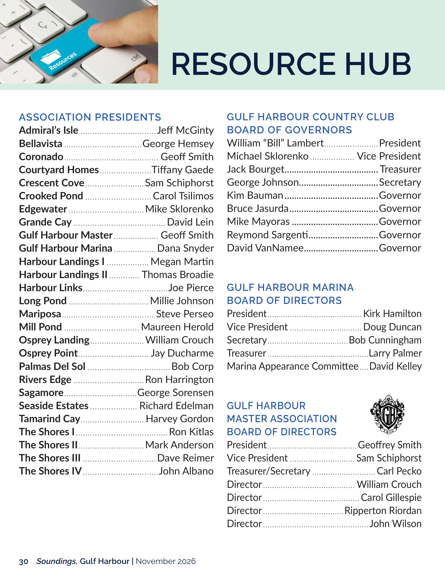 Resource Hub page: Association Presidents and Gulf Harbour board rosters