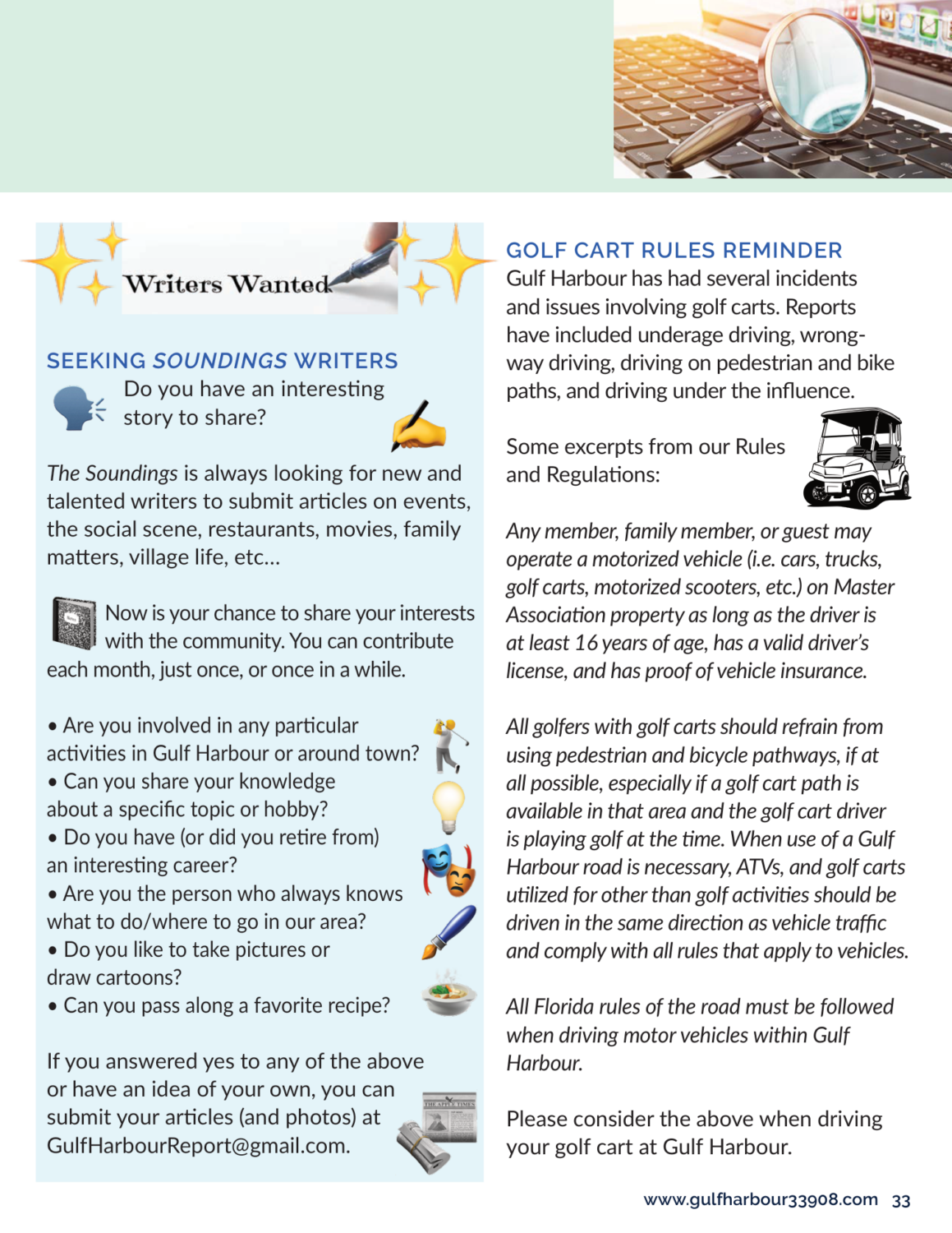 Resource Hub page: call for Soundings writers and golf cart rules