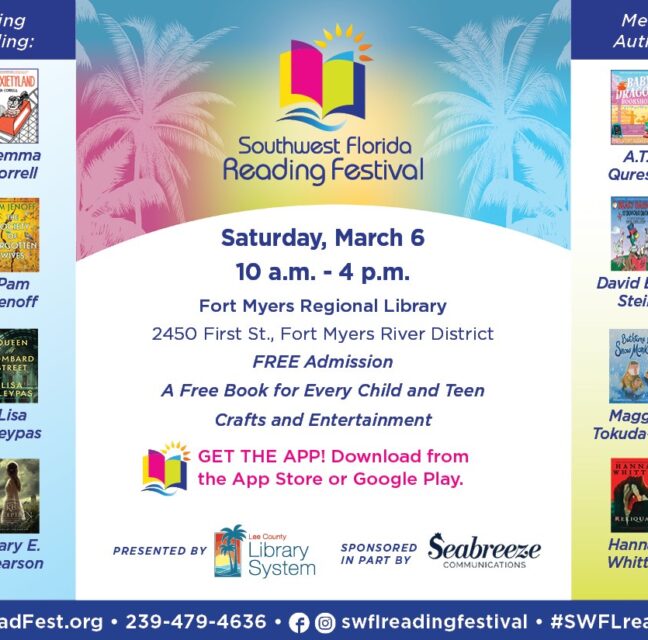 Southwest Florida Reading Festival flyer with author lineup and March 6 event details